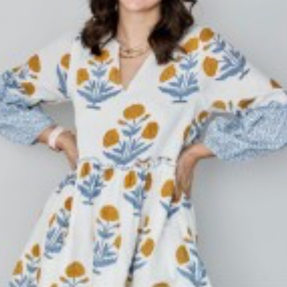 Pink Chicken Floral Dress - Blue and Gold